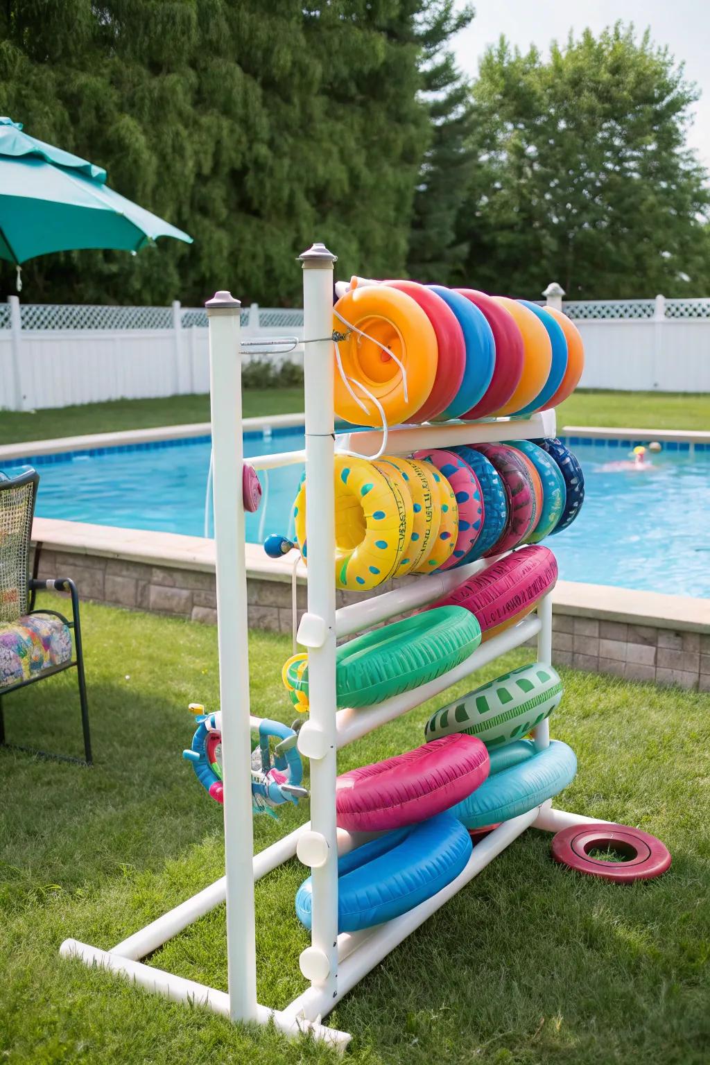 PVC tubing organizers propose an inventive resolution for pool float safekeeping.