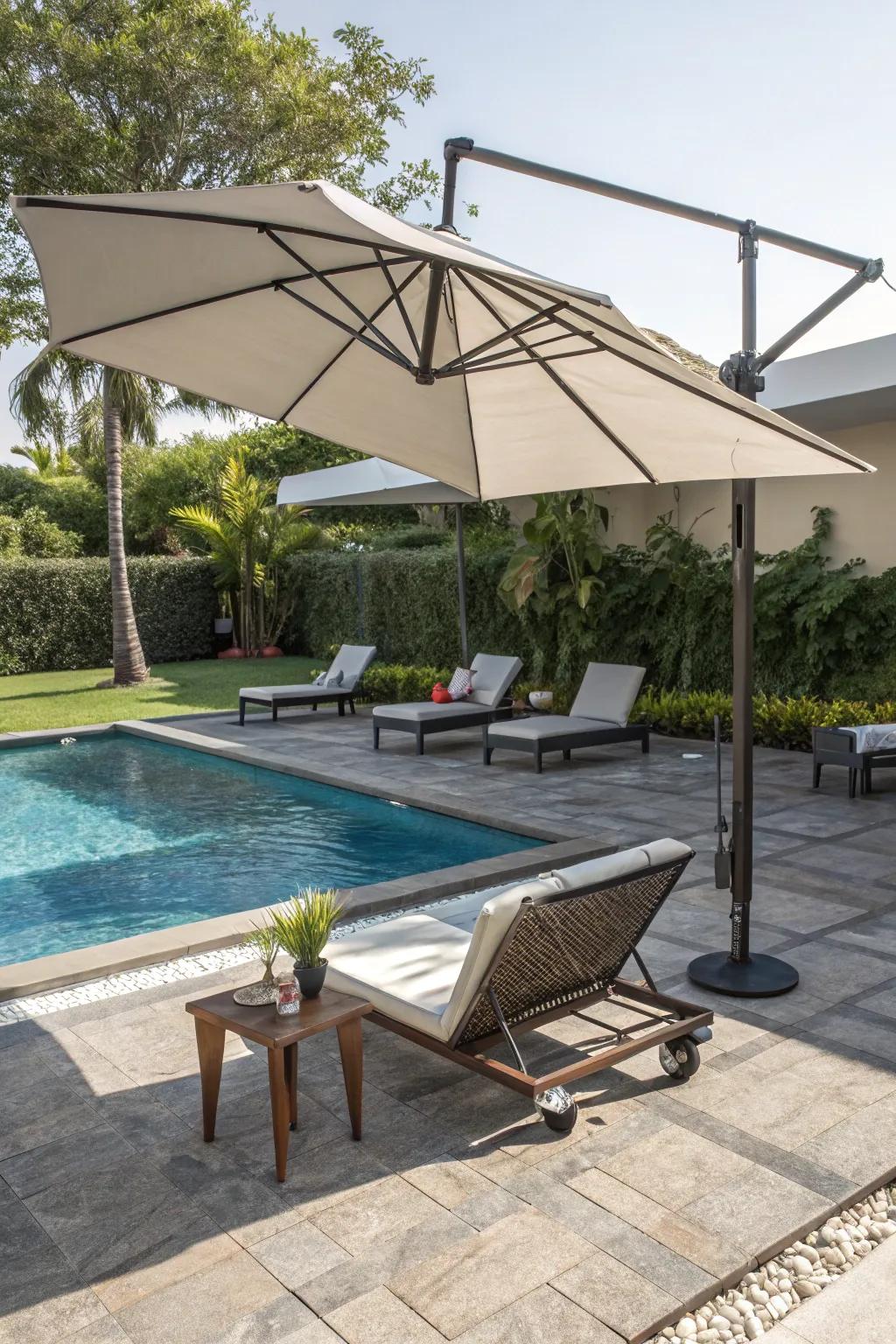 Parasols and awnings deliver essential shade, enhancing poolside comfort.