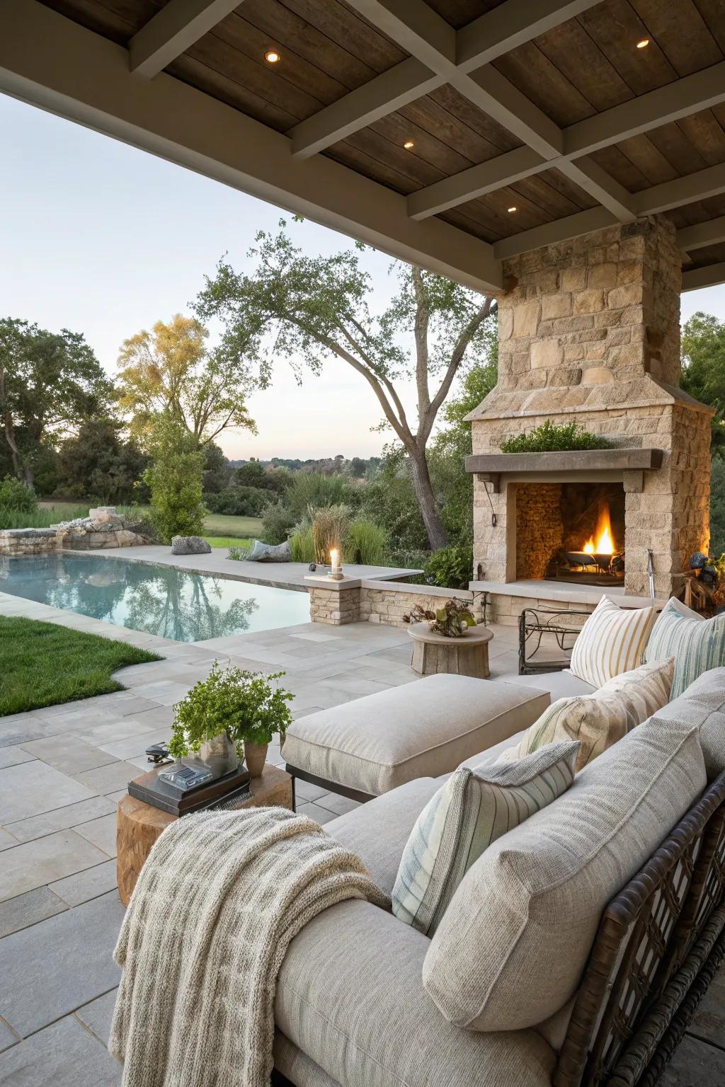 An attractive outdoor space featuring comfortable seating and a fireplace.