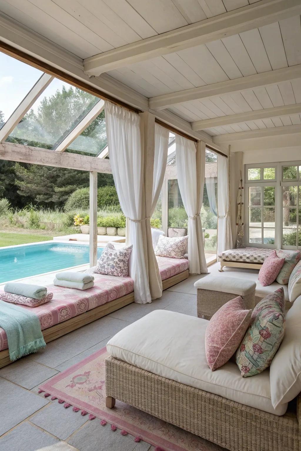 Design a tranquil oasis with plush seating and captivating decor