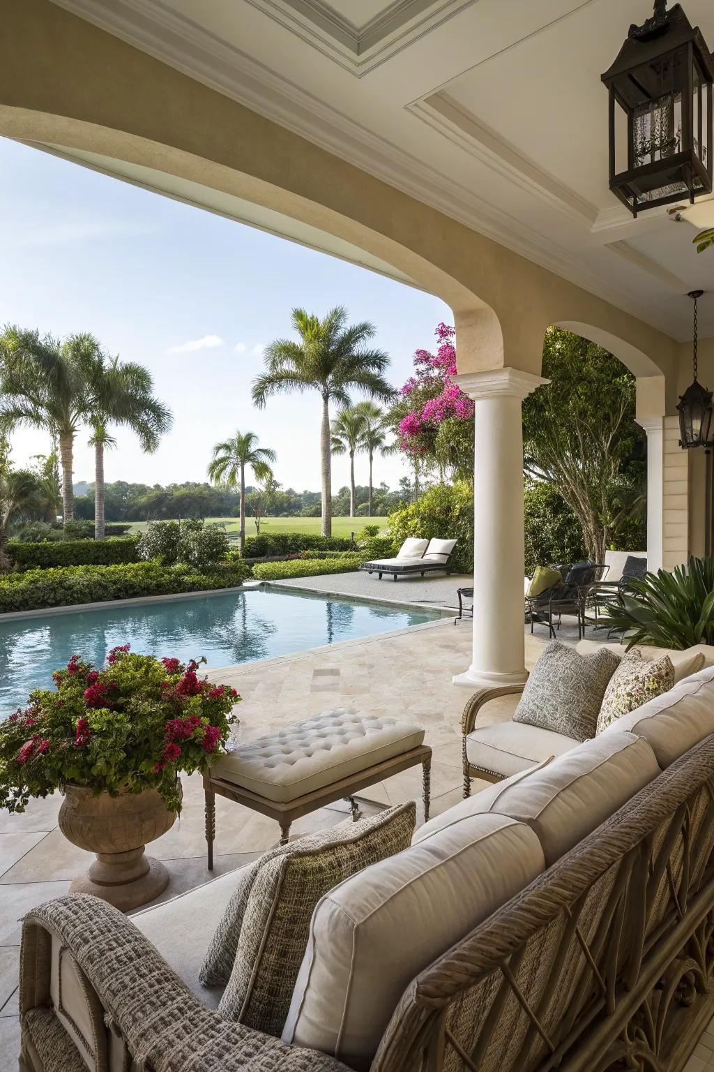 Relax and entertain with a cozy patio setup next to your pool.