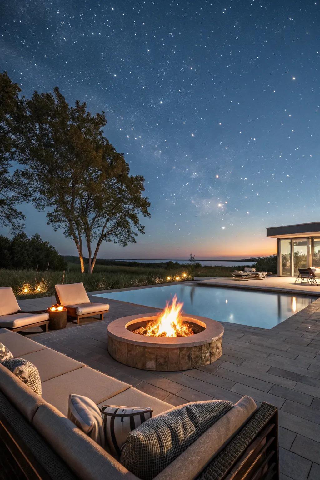 Enhance your poolside evenings with a charming outdoor fire space.
