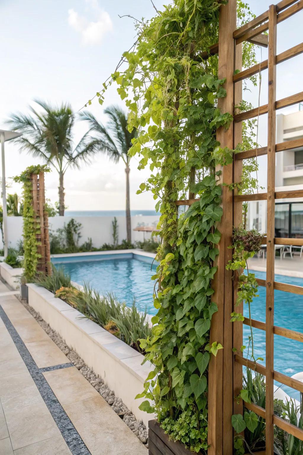 A rich sky-high garden offers privacy and a touch of nature.