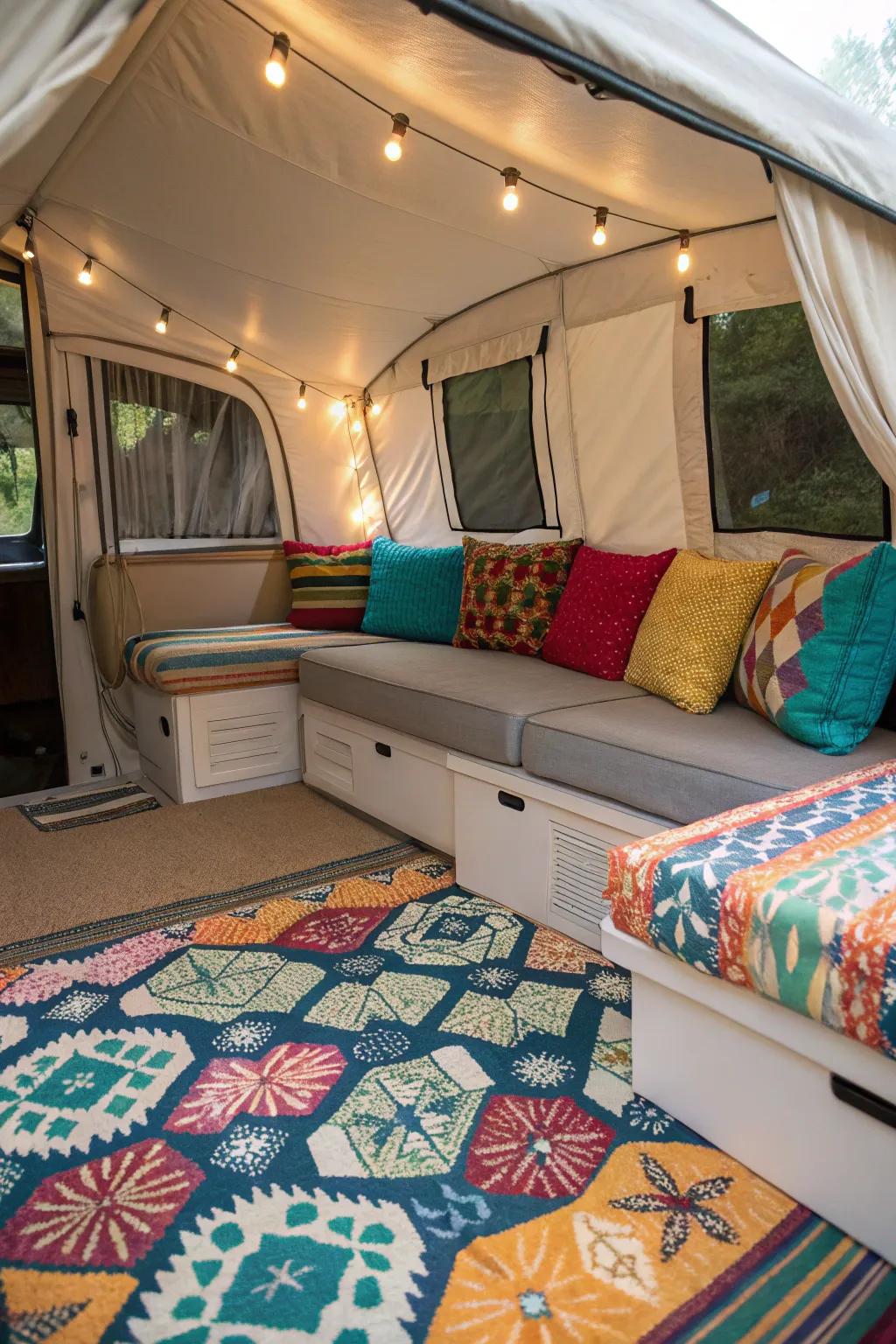 Ornamental pieces such as cushions and rugs inject personality into your camper.