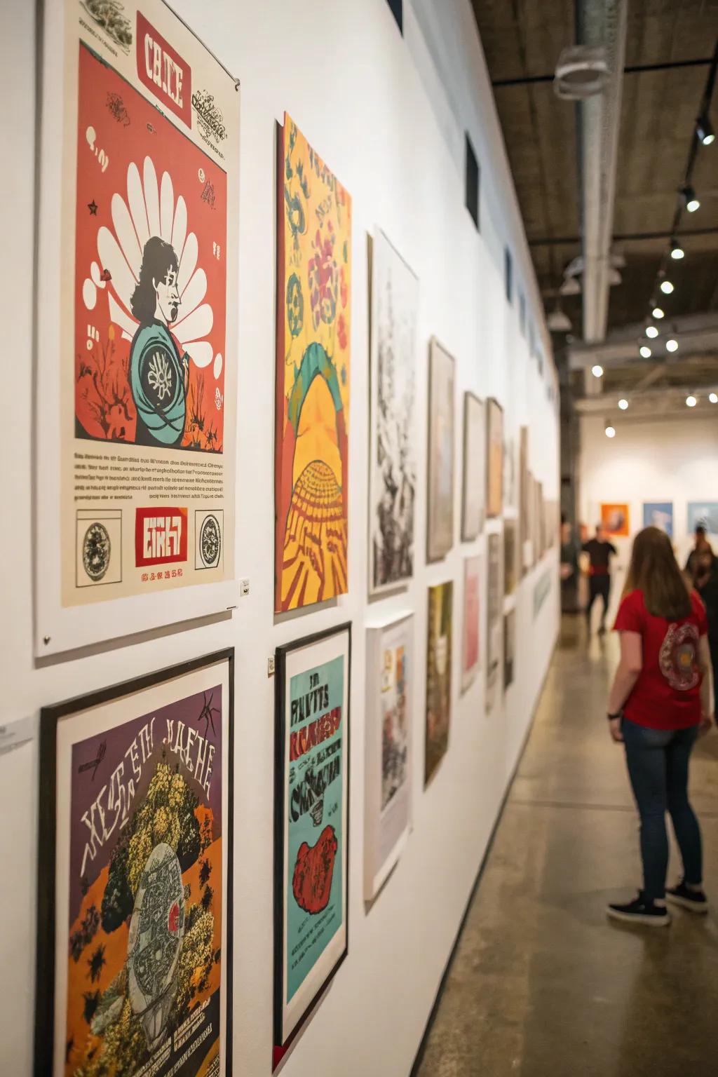 A gallery wall displaying a mix of diverse posters.