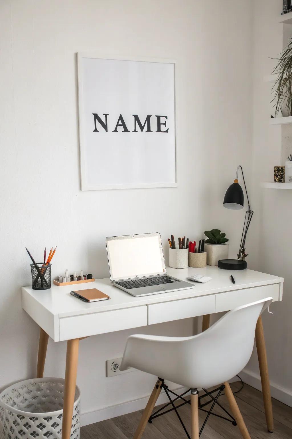 A simple monochrome art piece enhancing a minimalist workspace.