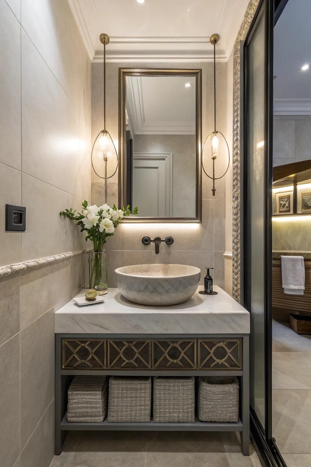 A contemporary powder room showcasing a chic and modern sink and faucet.