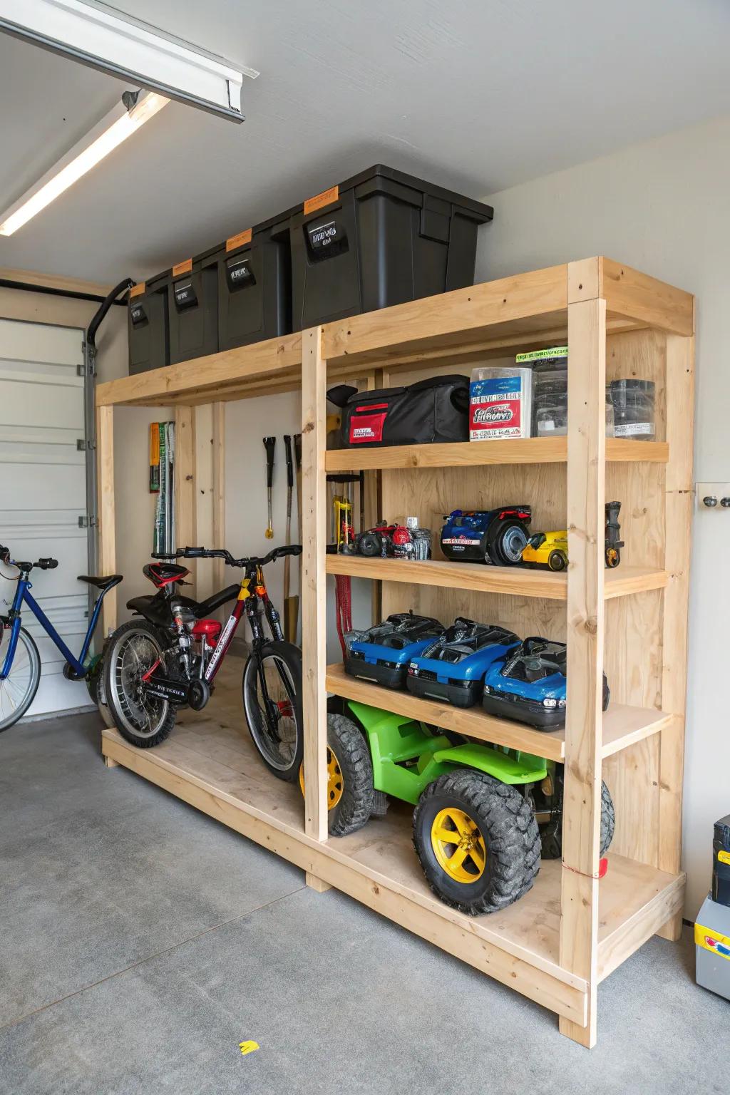 Custom shelving for neatly storing ride-on toys.