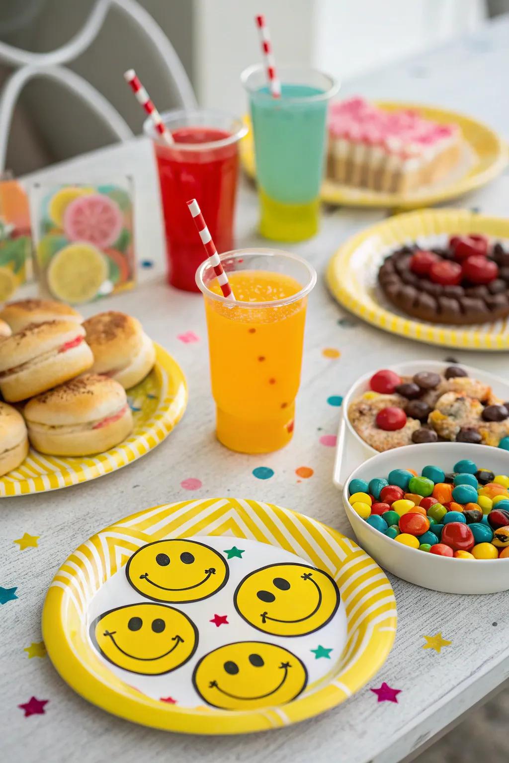Retro happy face plates introduce a playful element to your party.