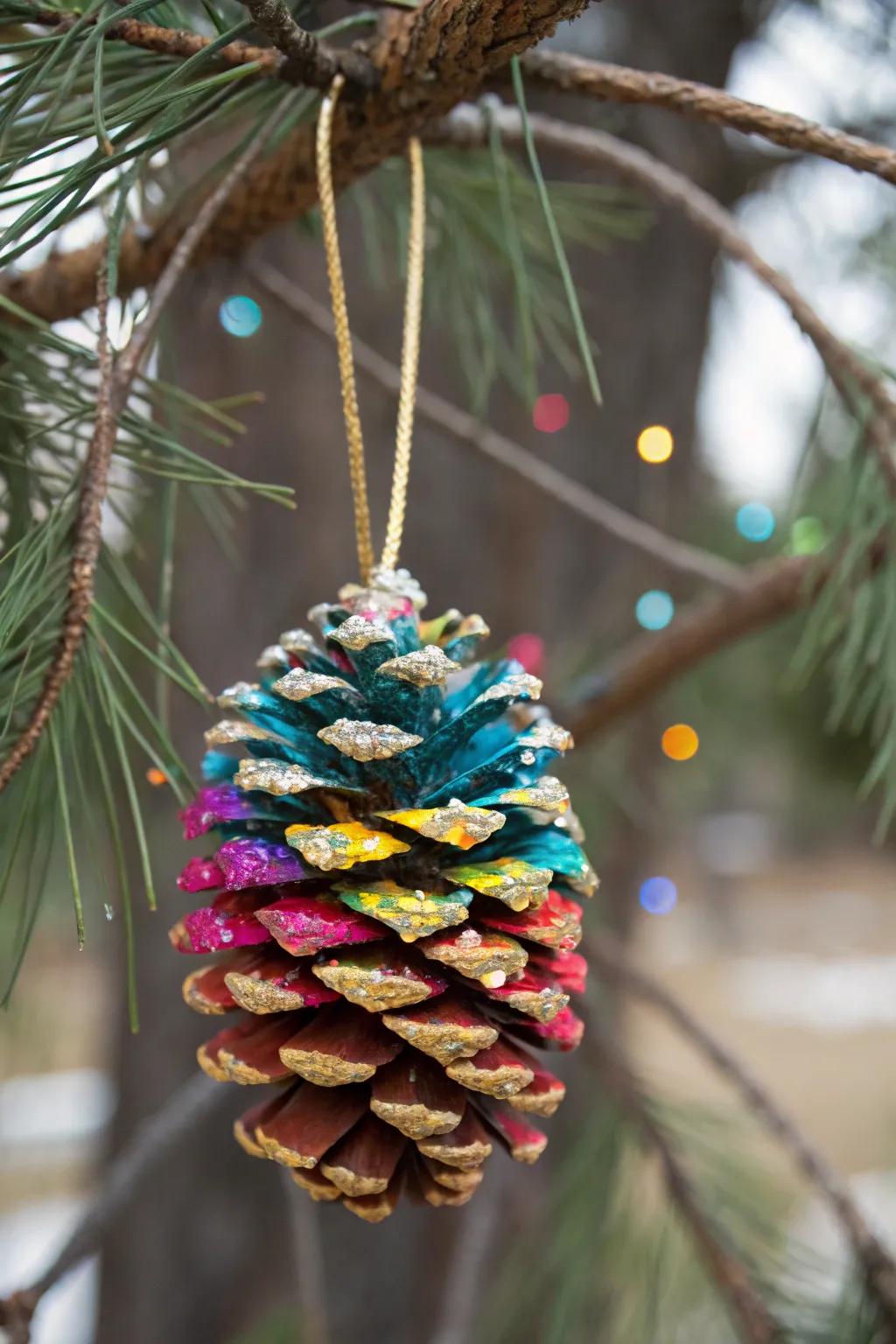 A festive painted pinecone ornament, adding natural charm to holiday decor.