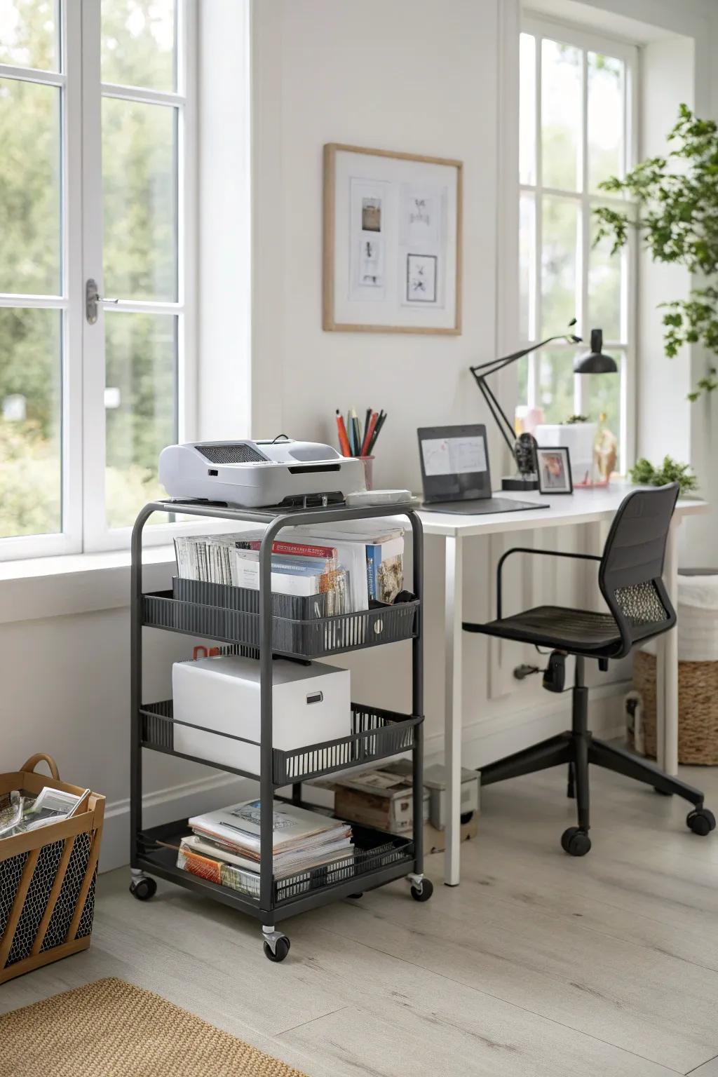 A portable storage cart simplifies printer paper access.