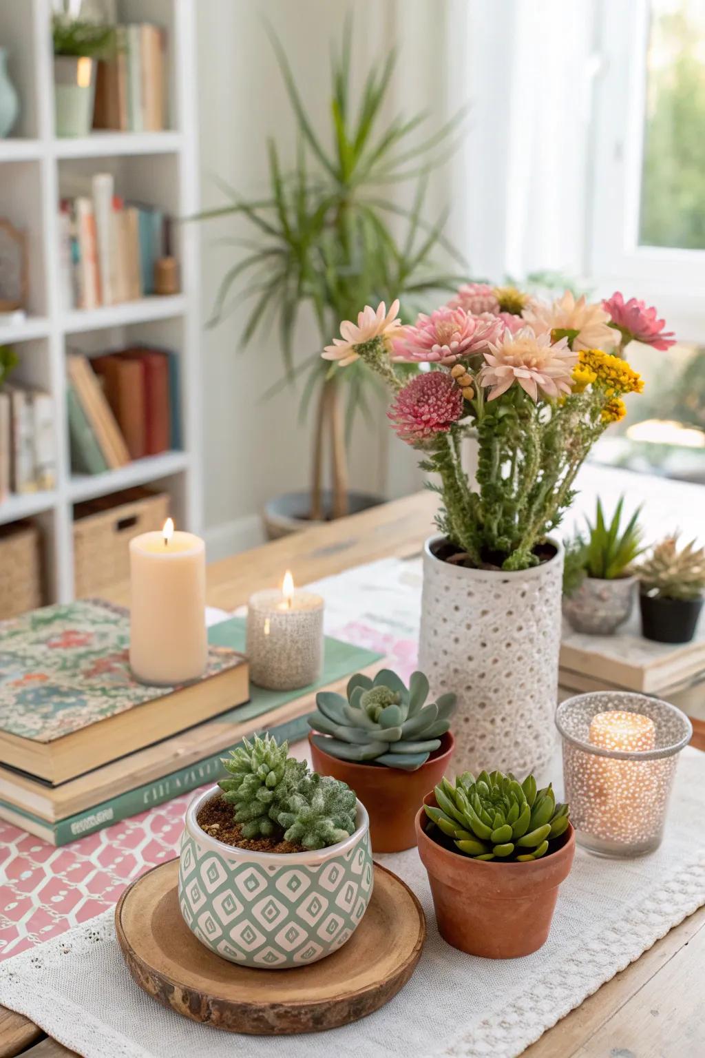 Welcoming natural elements, like a bit of greenery, can really liven up your displays.