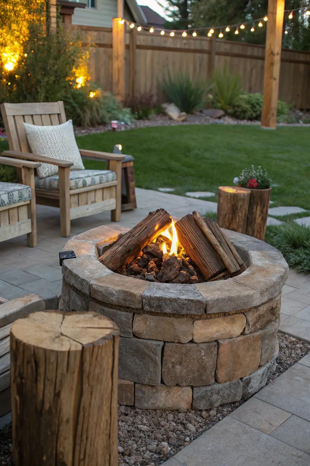 Embrace rustic charm with a propane fire pit constructed from reclaimed materials.