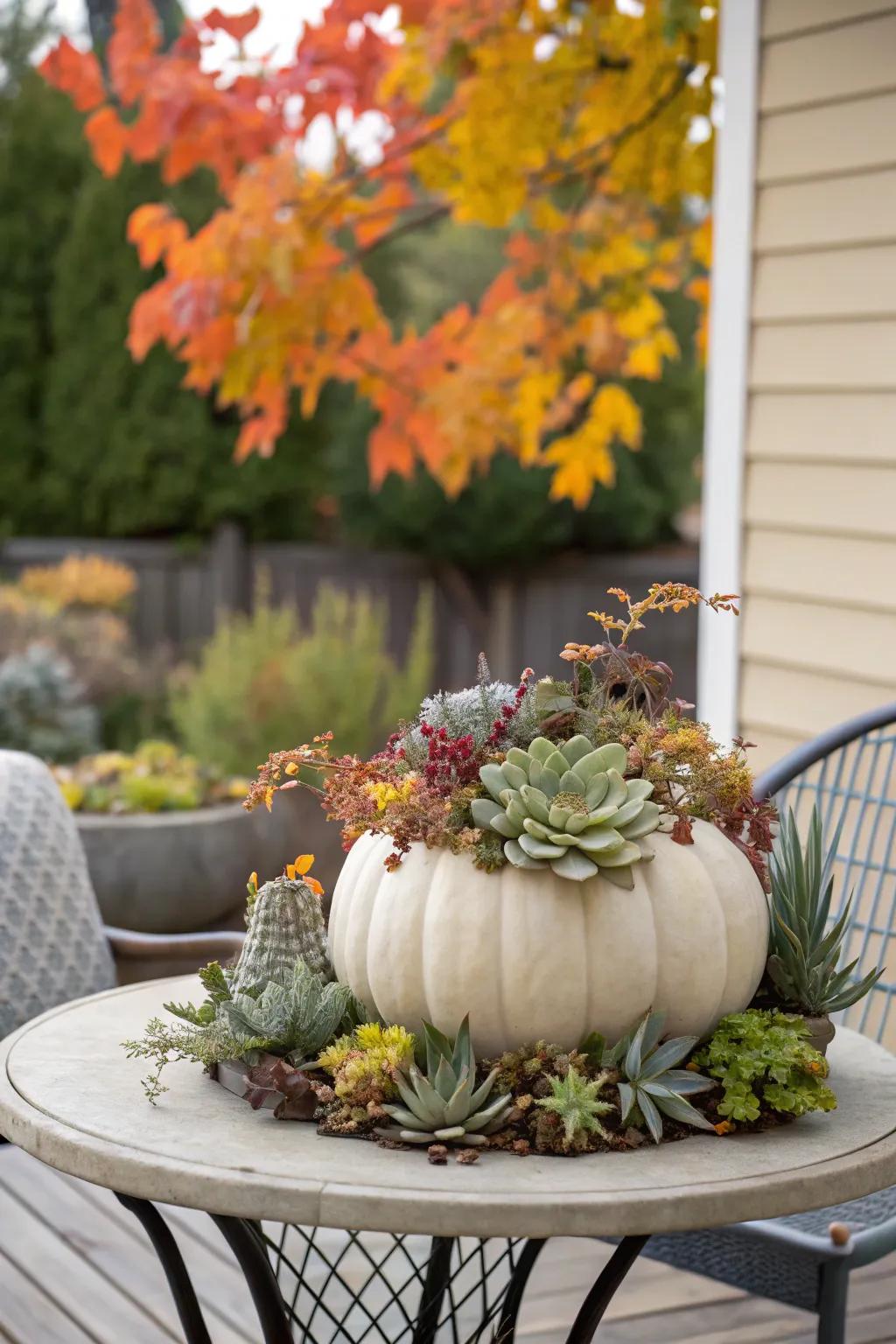 A pumpkin cleverly transformed into a chic succulent planter.