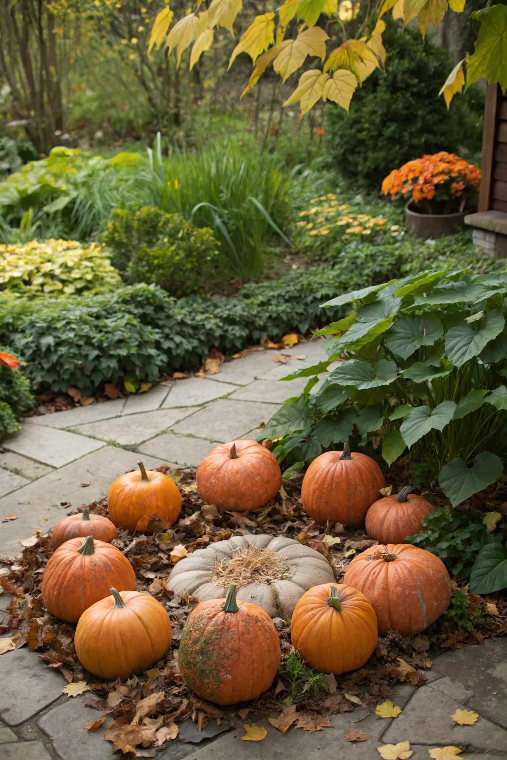 A natural pumpkin display nestled in the garden, seamlessly blending with the scenery.