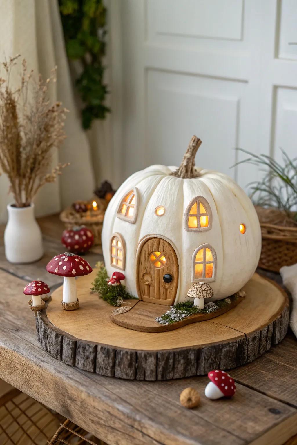 Produce a whimsical fairy chronicle spectacle with enchanting toadstool particulars and an incandescent pumpkin dwelling.