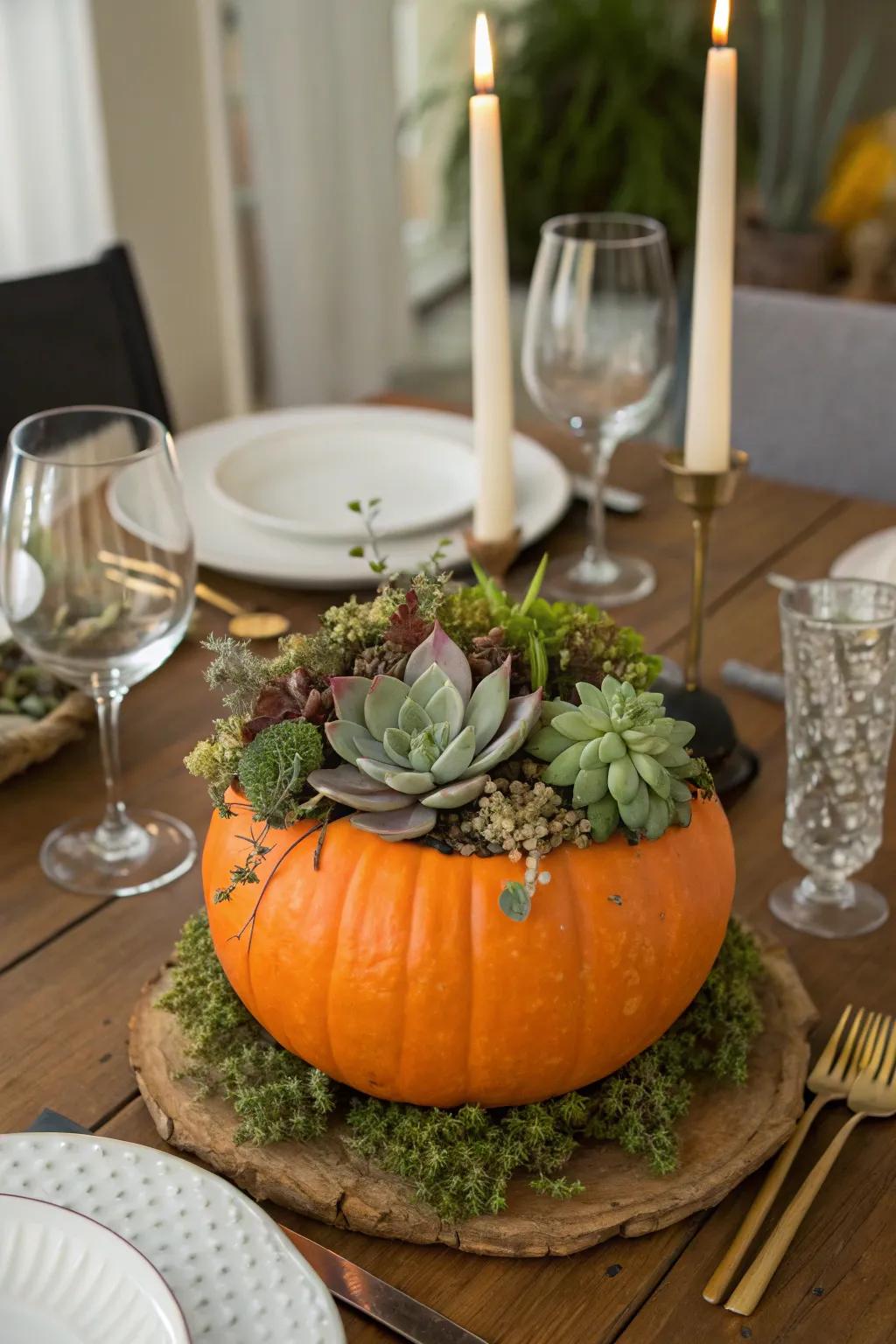 Succulent planter pumpkins offer a refreshing and enduring decor choice.