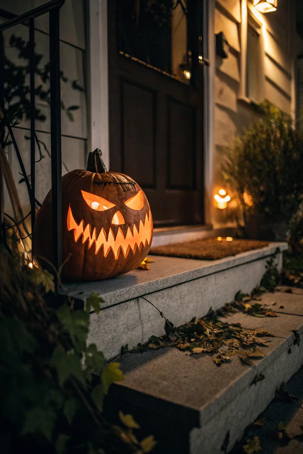 A quintessential macabre jack-o'-lantern adorned with razor-sharp dentition.
