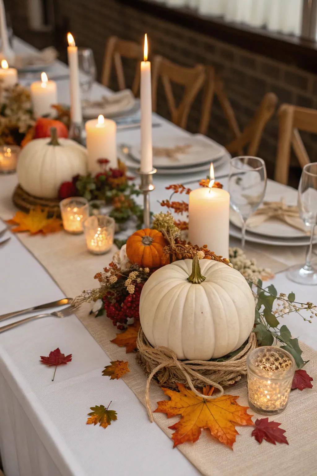 Sophisticated gourd centerpieces enhanced by wax lights and autumn leaves.