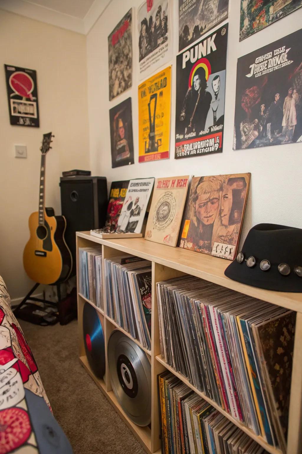 Showcase your passion for punk tunes through a display of vinyl discs.