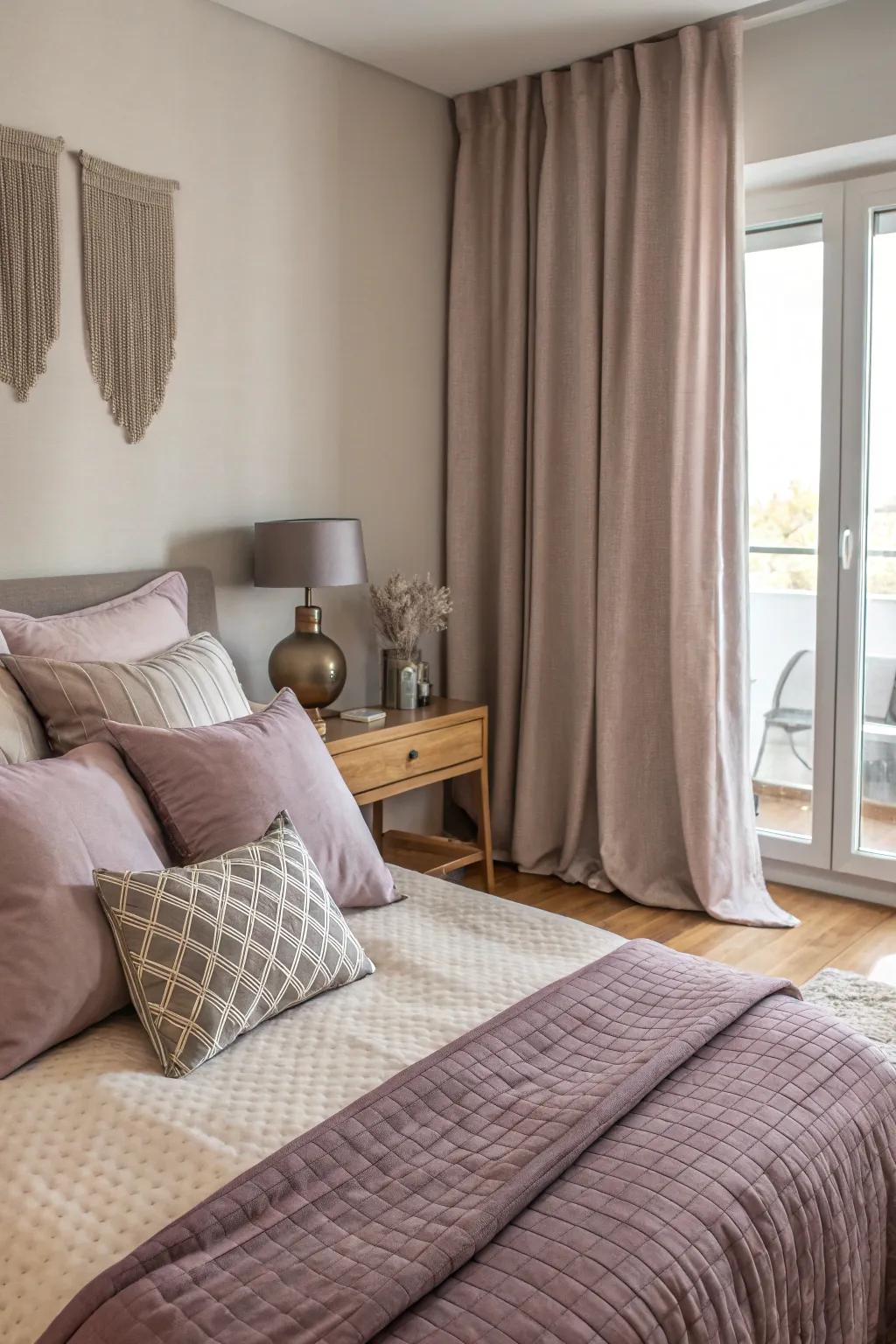 Mauve details subtly elevate the room's elegance.