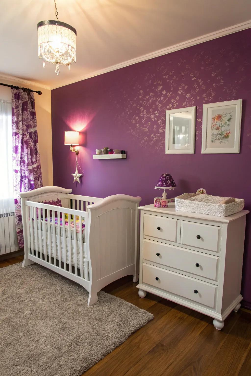 White furnishings offer a refreshing comparison against purple colors.