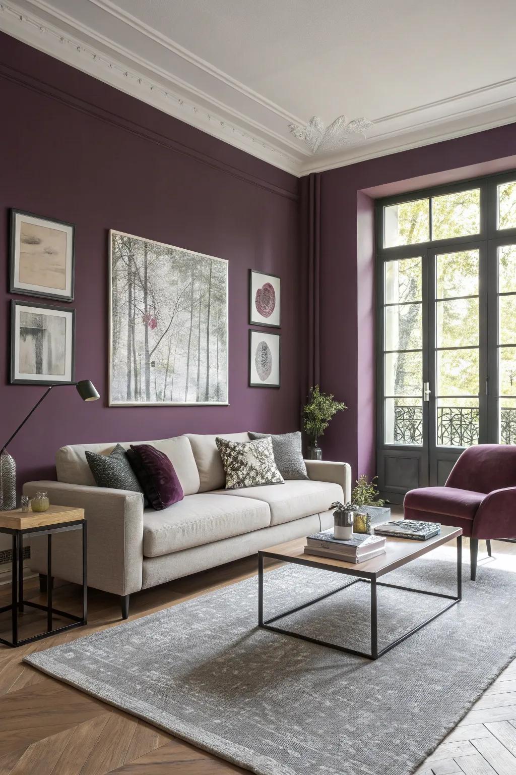 A modern family space invigorated by damson-colored walls.