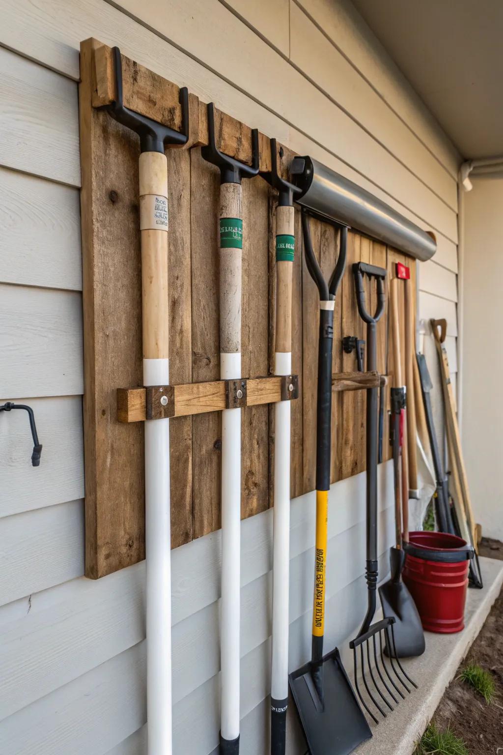 Change the look of your garage wall with this handmade gardening tool holder using polyvinyl chloride tubes for chic storage.
