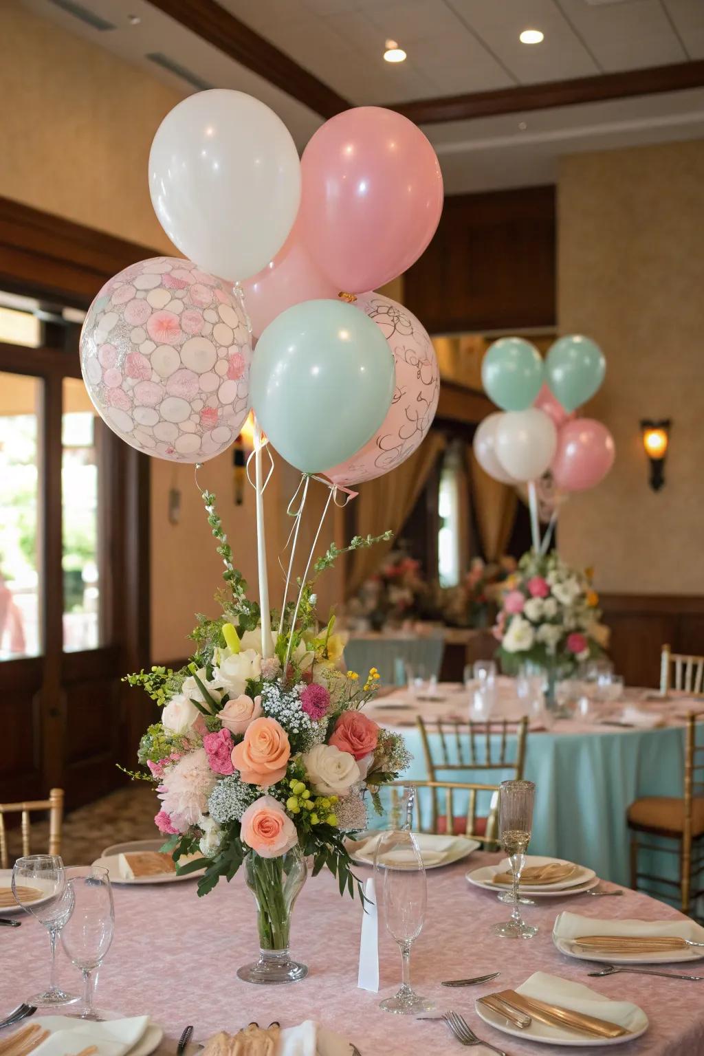 Balloon centerpieces bring refinement to the dining setting.