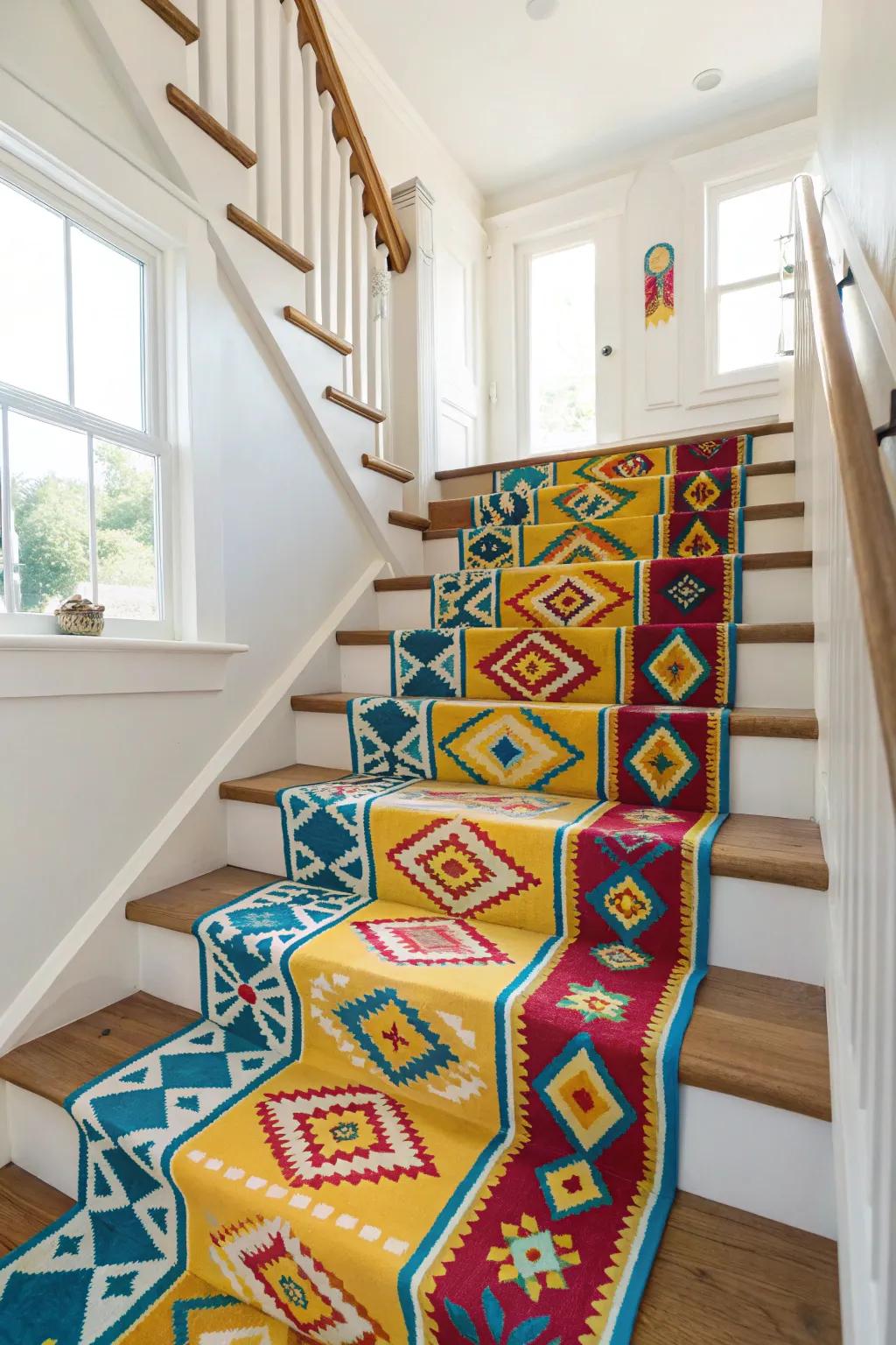 A stairway enhanced with striking and vibrant runners.