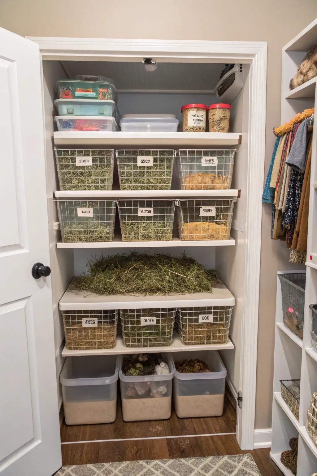 A closet turned into an organized rabbit supply center with custom shelves.