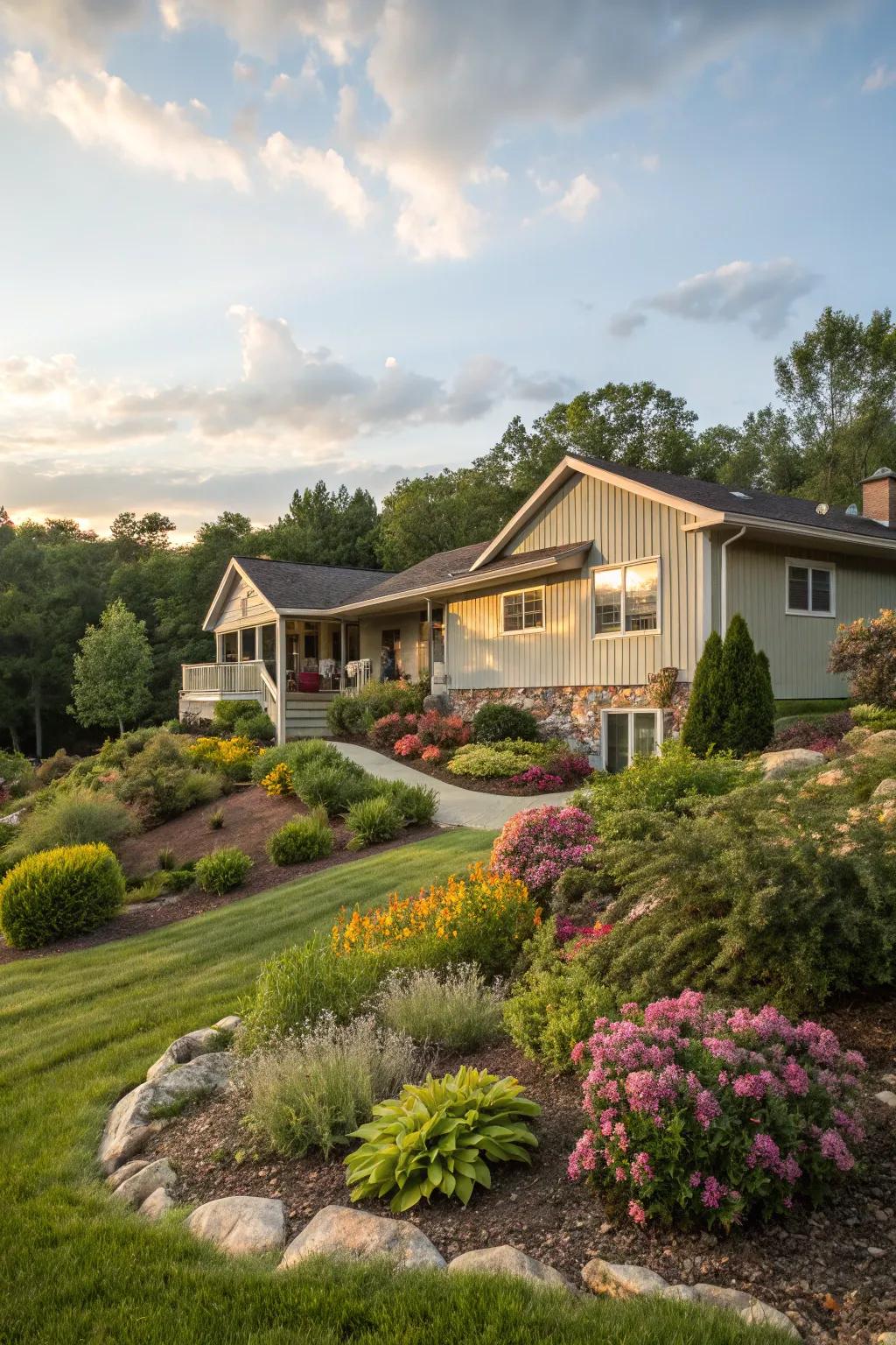 Beautifully tiered greenery encircling a raised ranch, making a lush outdoor retreat.