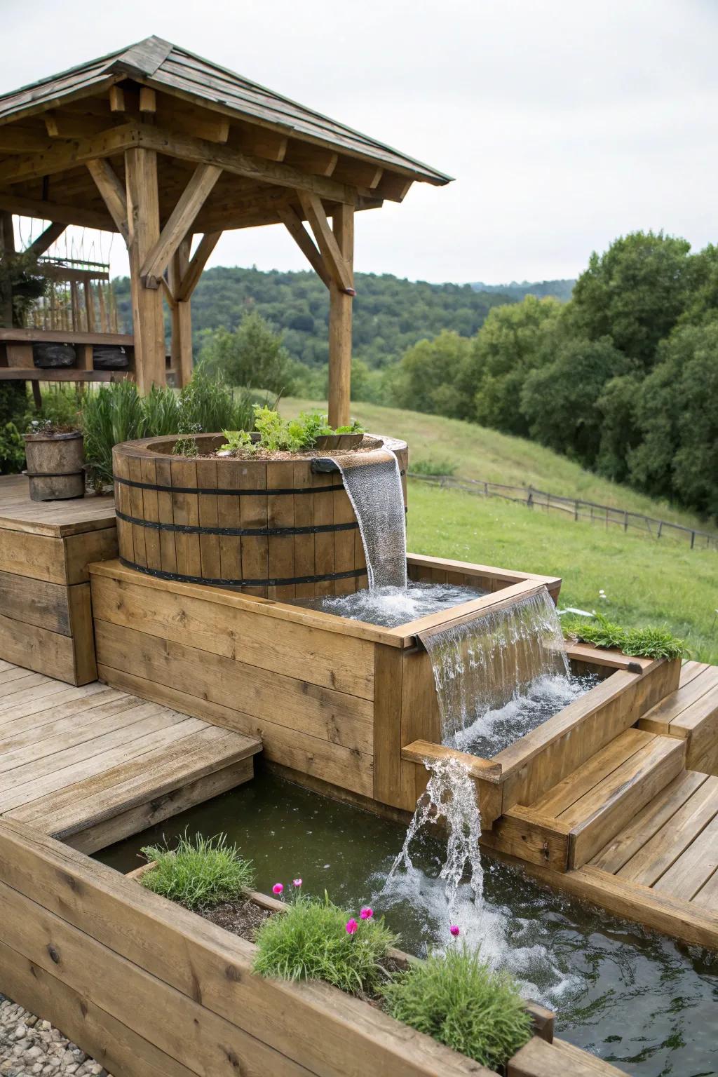Put together a lively landscape using tiered pond styles.