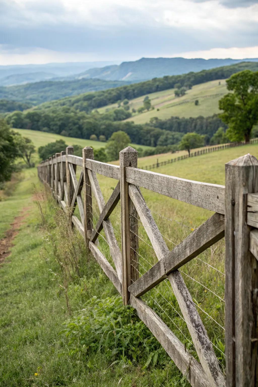 An ornamental crossbuck barrier enhances the pastoral surroundings.