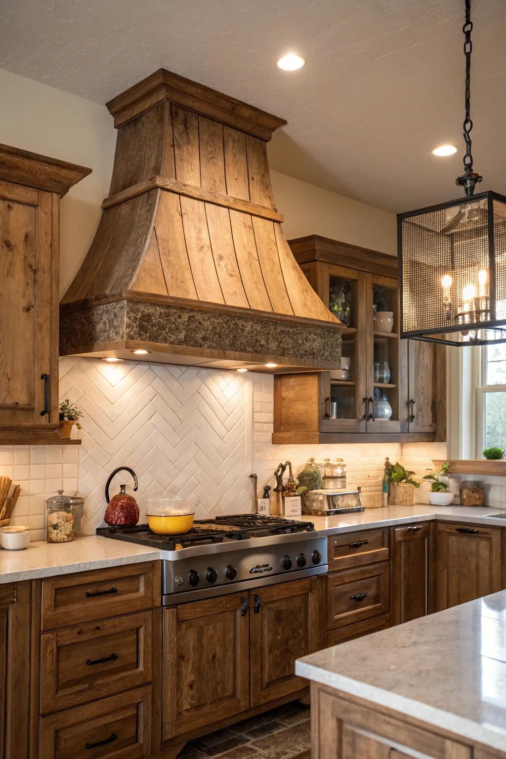Woodland-style range hood adds warmth and charm to any kitchen space.