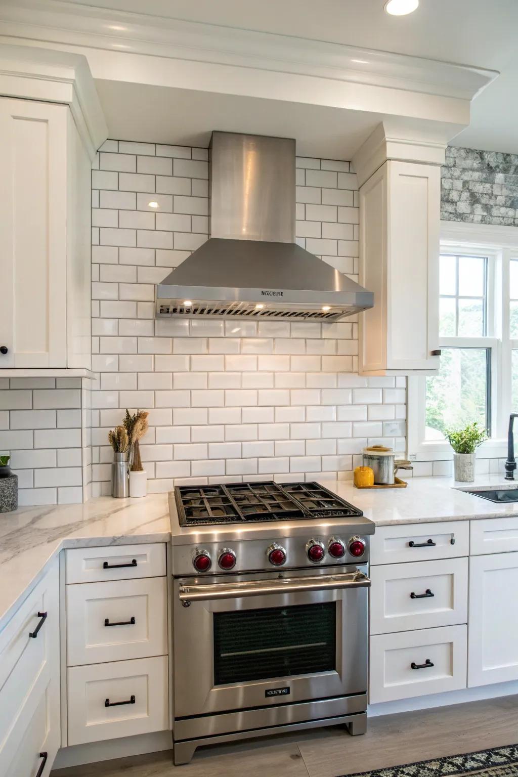 Kitchen displaying a subway tile backsplash perfectly combined with a modern vent hood.