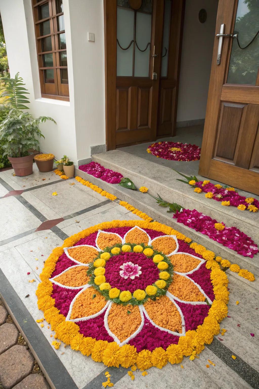 Flower pieces create a soft and fragrant pattern, enhancing Diwali's celebratory atmosphere.