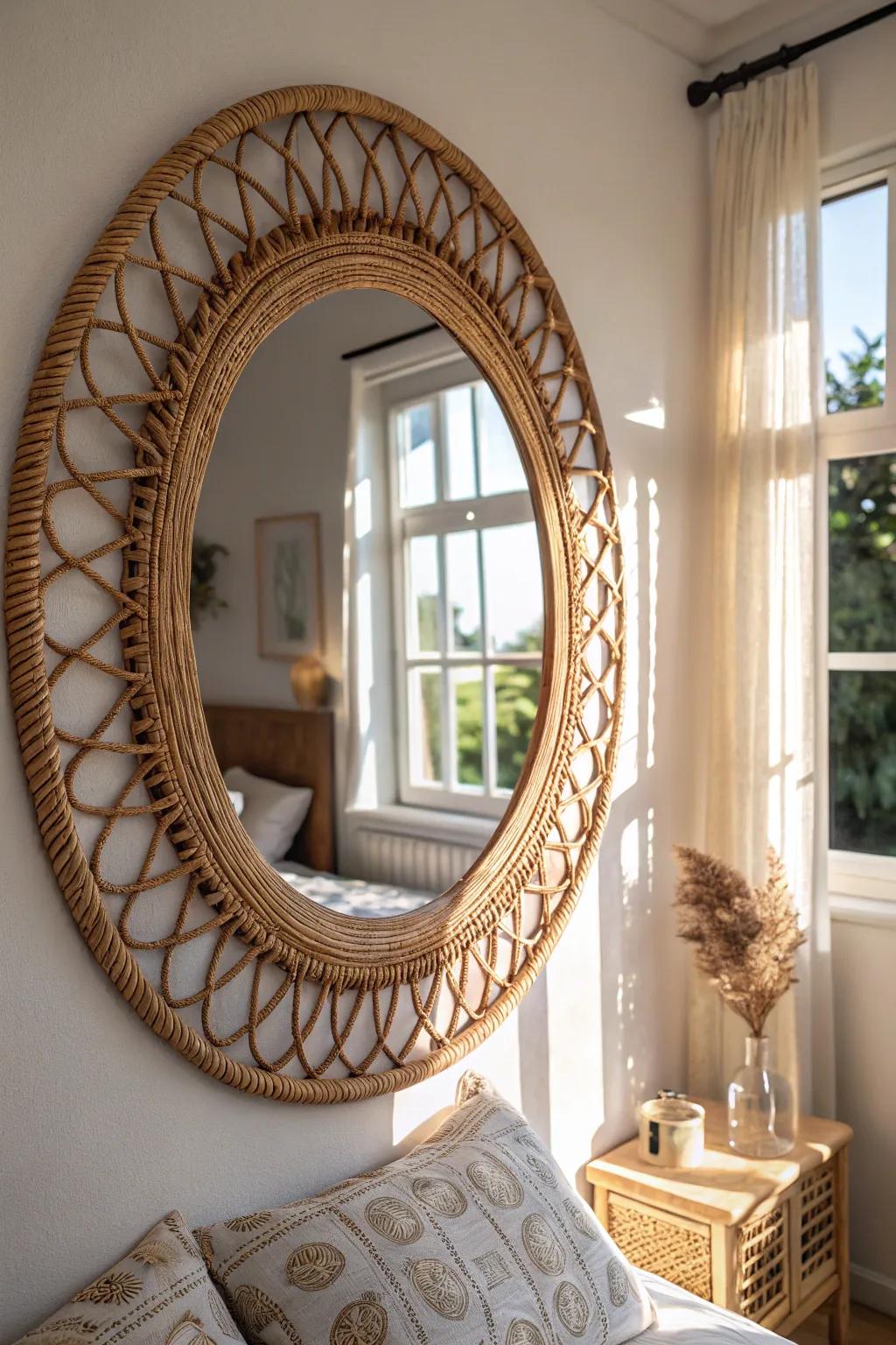 A rattan mirror includes both functionality and flair to your bedroom.