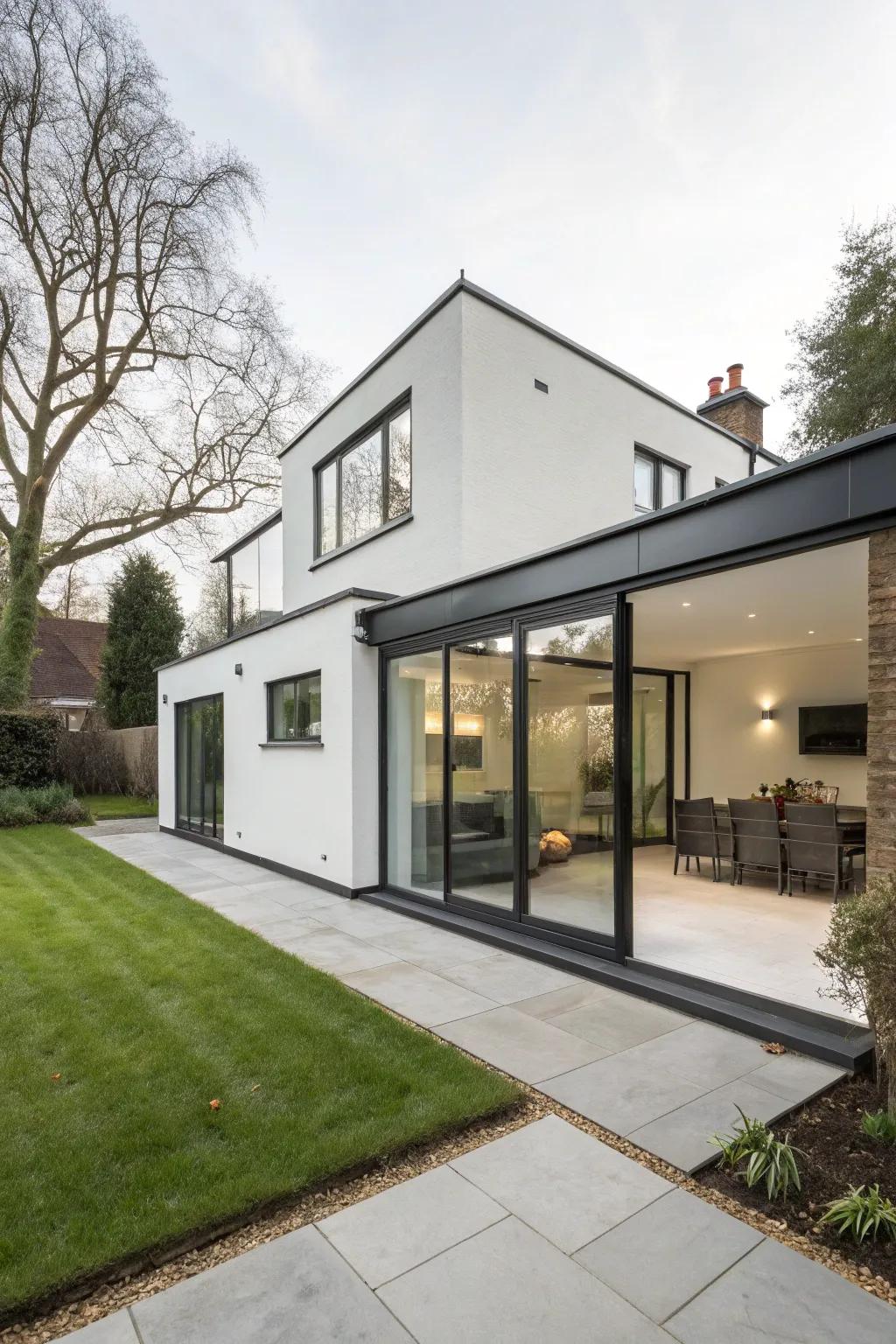 A sleek and modern back house extension showcasing minimalist design aspects.