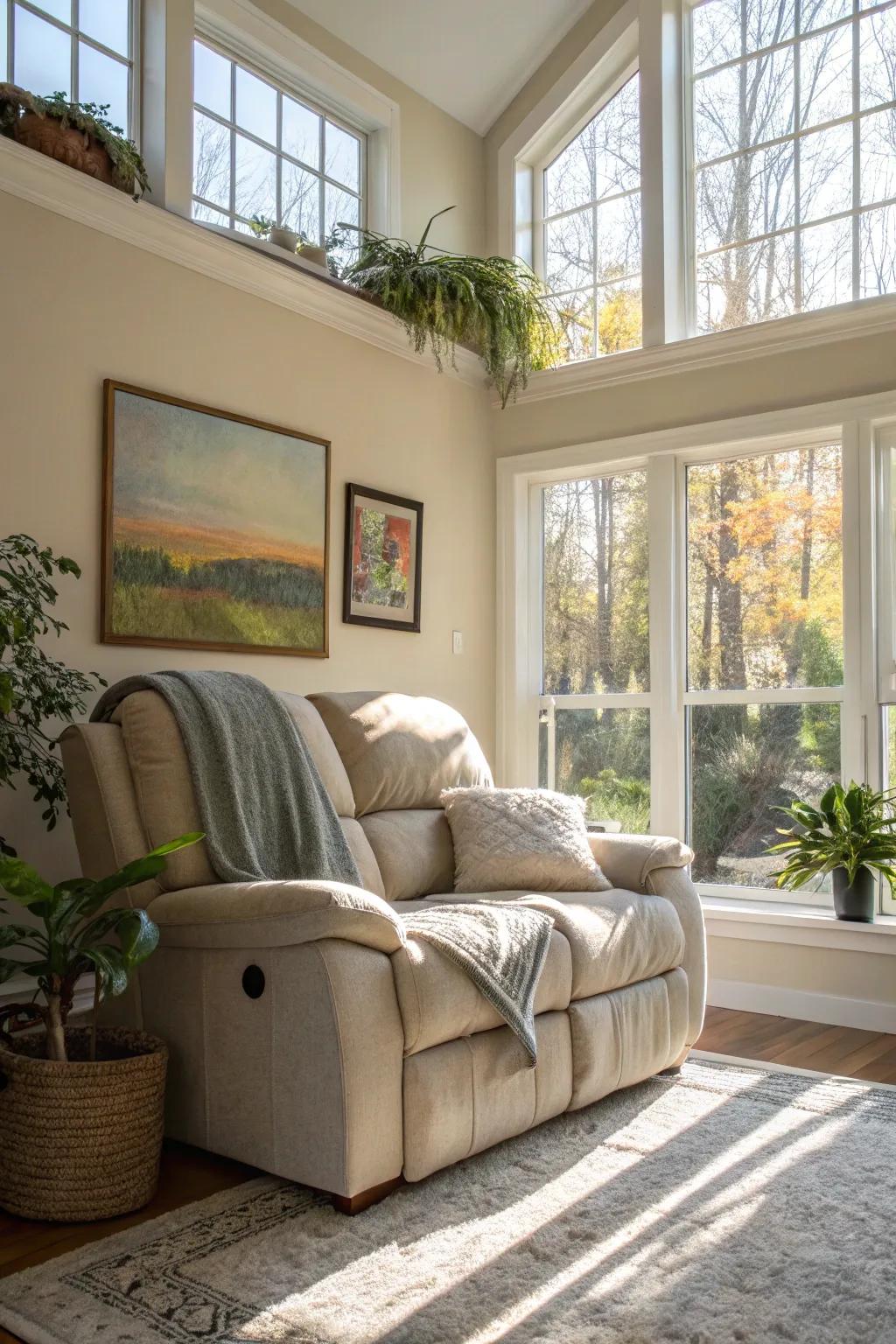 A sun-drenched living room where a recliner sofa luxuriates in the abundance of natural light.