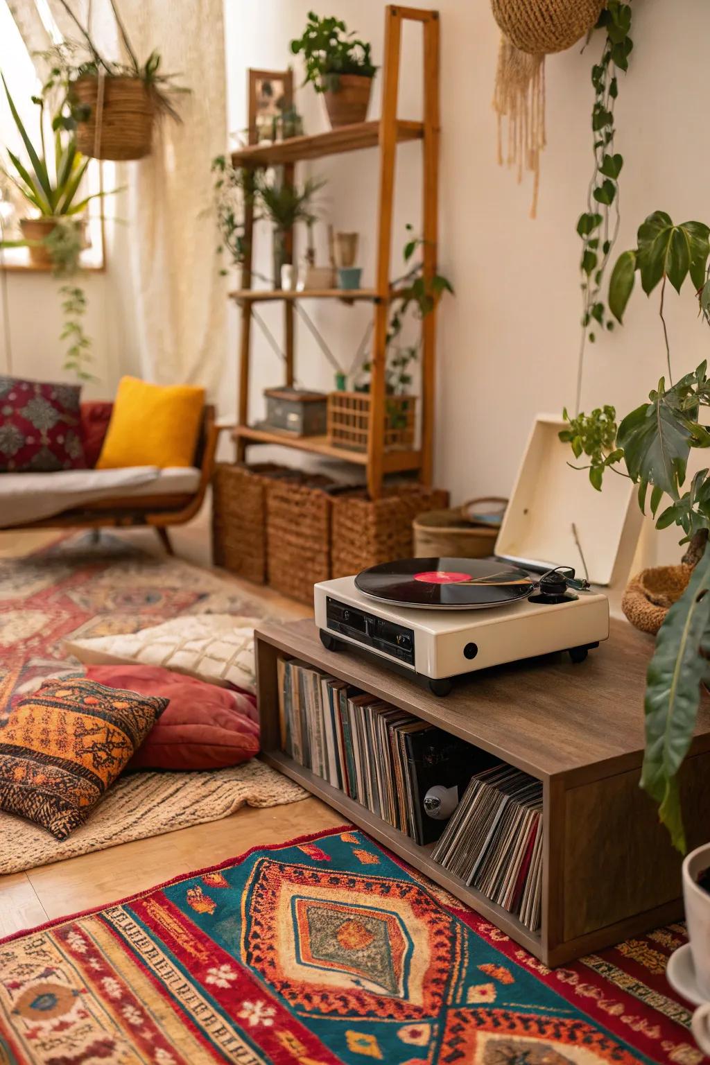 A bohemian record player setup featuring vibrant fabrics and plant life.