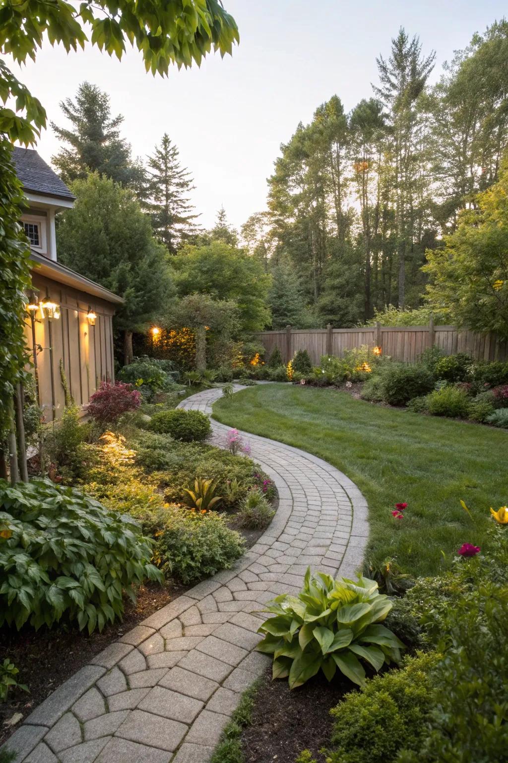 Curved paths bring a sense of movement and allure to a rectangular layout.