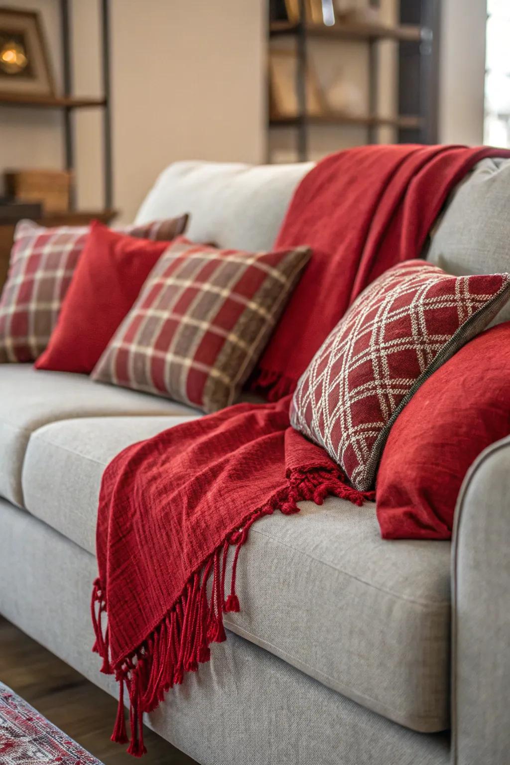 A grey sofa is beautifully accented with crimson blankets for added comfort.