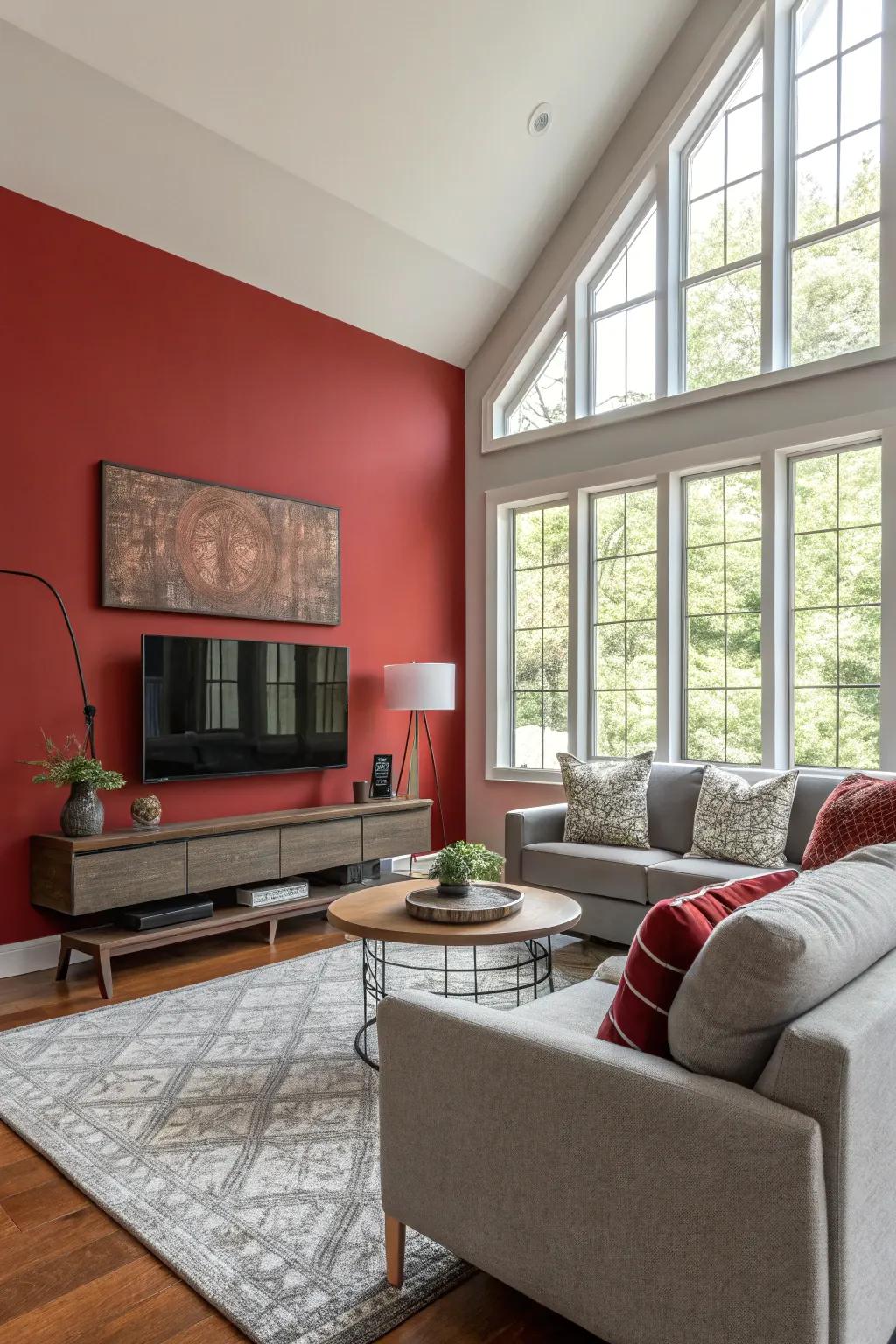 A striking crimson statement wall creates a focal point in an otherwise neutral setting.