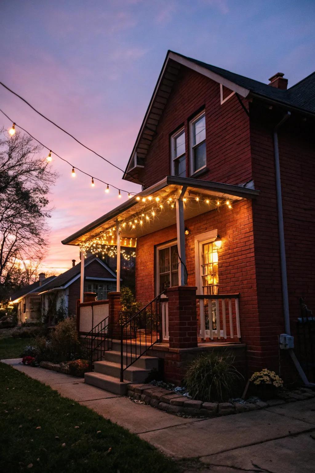 Sparkling fairy lights create a magical ambiance on a red brick porch.