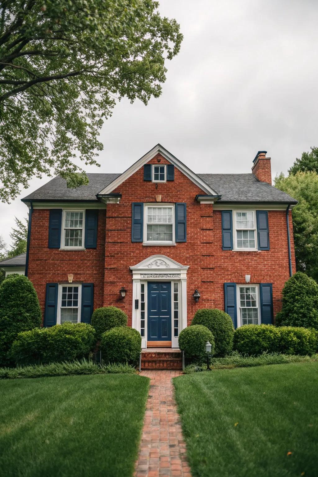 Striking navy accents accentuate this red brick house.