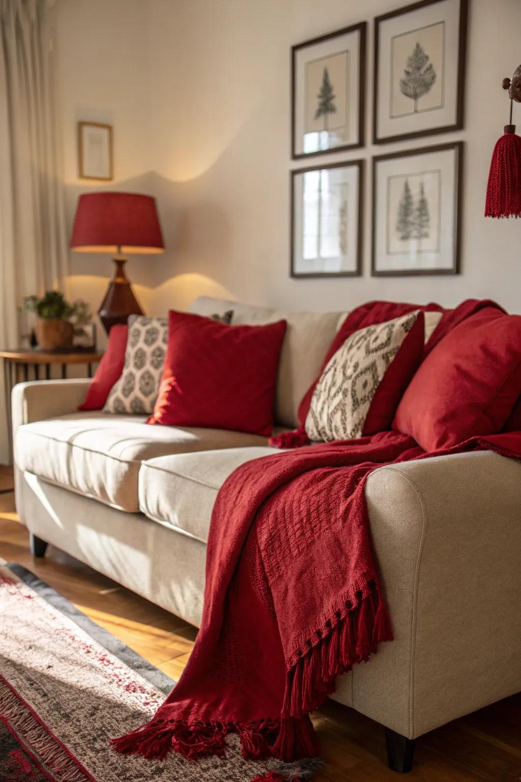 A lounge enriched with comforting scarlet features.