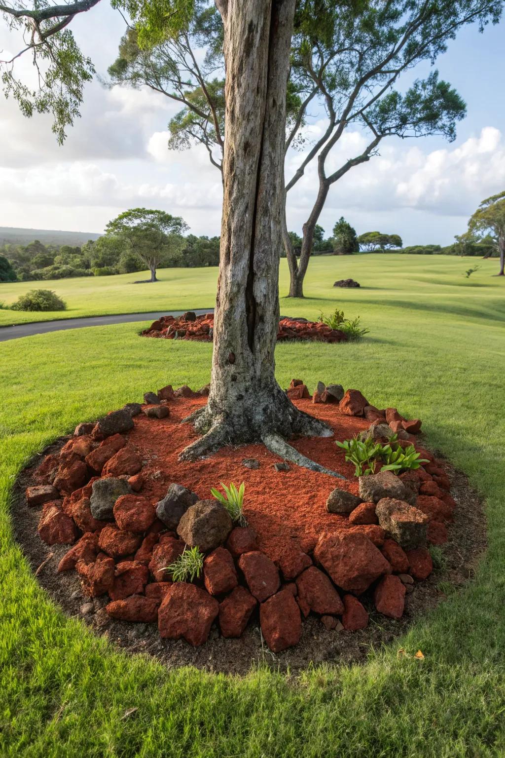 Crimson volcanic stones set about a tree base engender a meticulous and aesthetically pleasing vista.