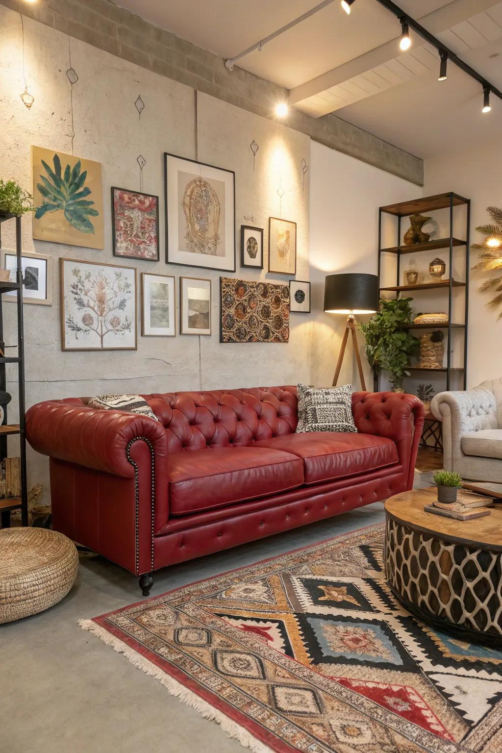 Diverse ornamentation emphasizes the spirited character of a crimson hide sofa.