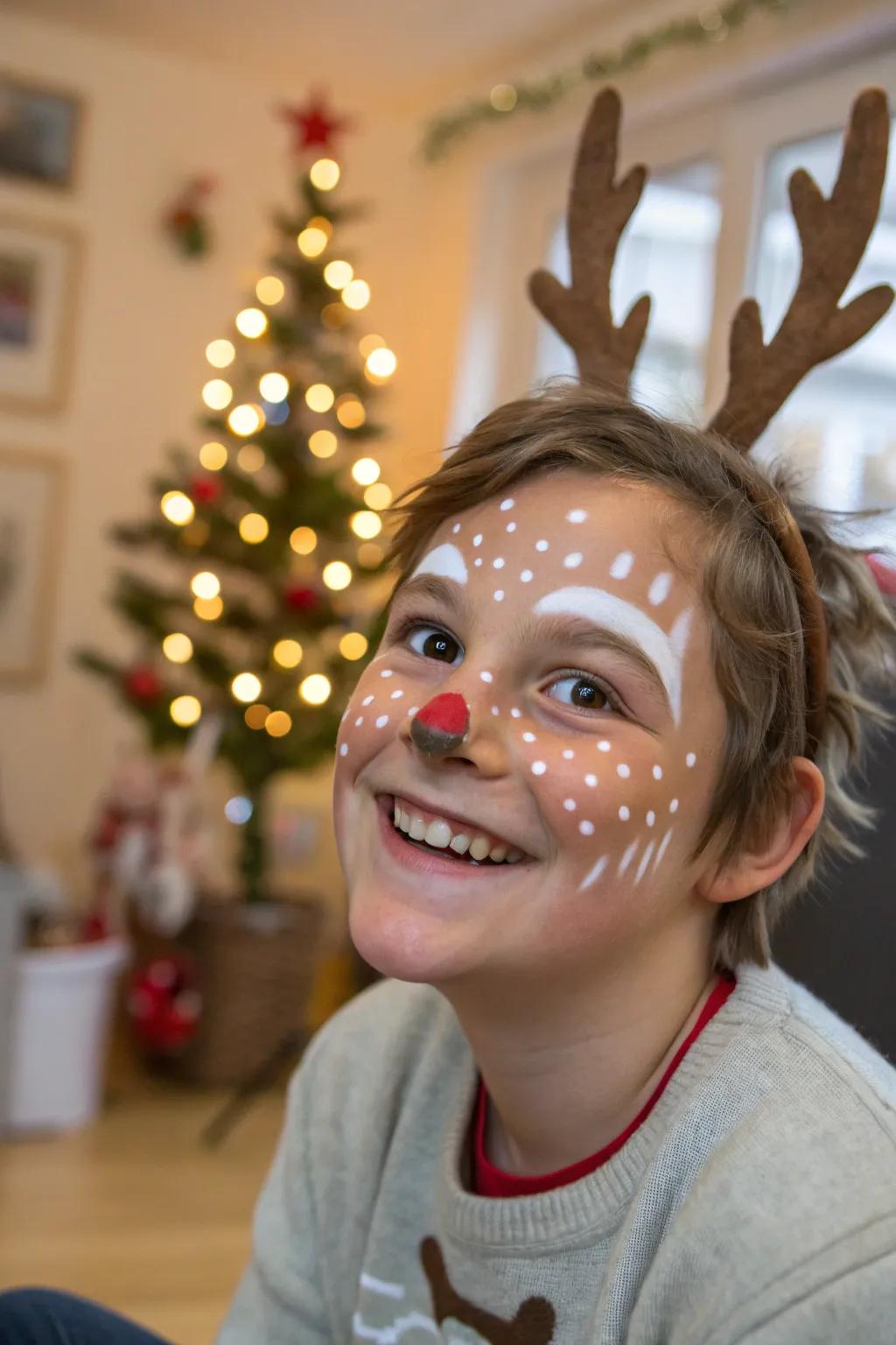 Whiskers and ivory dots construct a playful reindeer appearance.